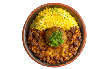 top view of bobotie, a South African dish featuring spiced minced meat baked with an egg custard topping, served with yellow rice and chutney.