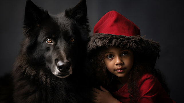cute fantastic image of fairy-tale character, cute little girl in red hat and a huge wild wolf