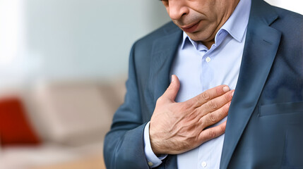 Caucasian elder businessman with chest pain. Heart attack patient. - obrazy, fototapety, plakaty