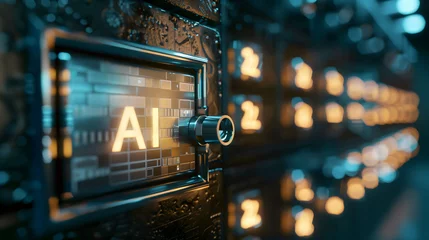 Poster Data collection and security in artificial intelligence technology, safety deposit box with word “AI” © Slowlifetrader