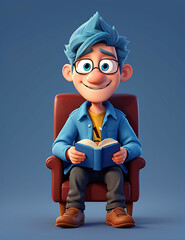 Reading book cartoon in a dark nevi blue background, HD quality image