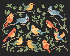 Set of cute bright birds sitting on tree branches. Set of various spring birds in nature. Spring illustration