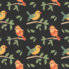 Seamless pattern, cute bright birds on tree branches on a dark background. Spring illustration