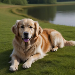 The Golden Retriever dog poses with his whole body in nature