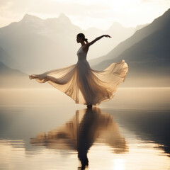 light painting photo ballet dancer dancing on the lake - obrazy, fototapety, plakaty