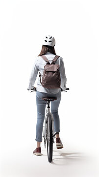 Back View Of A Woman Using Bicycle Isolated On White Background