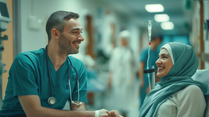 Obraz premium male healthcare professional in scrubs is smiling and conversing with a female patient , who is sitting in a hospital bed and also smiling.