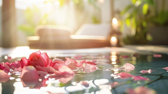 Luxurious spa setting rose petals in water tranquil mood
