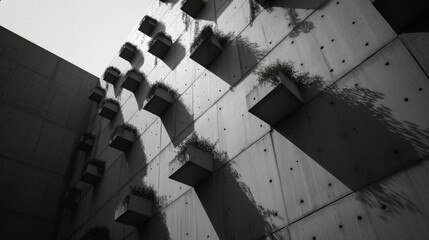 Concrete facade, with hanging planters in minimal style