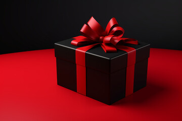 Black Friday in gift box wrapped with black ribbon on red background, idea and creative, copy space. 3d render 