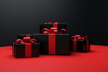 Black Friday in gift box wrapped with black ribbon on red background, idea and creative, copy space. 3d render 