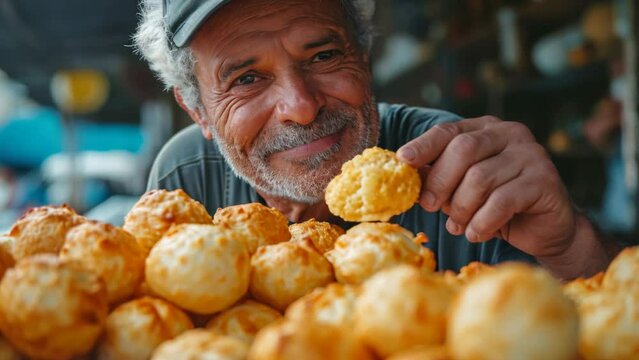 Closeup of elderly man holding brazilian cheese bread - pao de queijo in hands