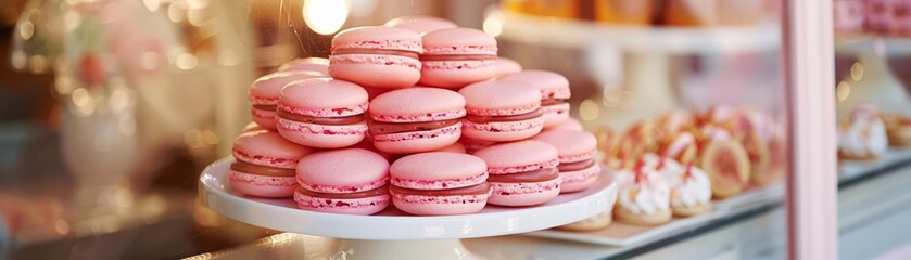 Rose macarons in a chic bakery display sweet elegance