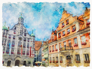 Obraz premium The picturesque city of Memmingen, Bavaria, Germany. Medieval houses in the central part of town. Watercolor painting.