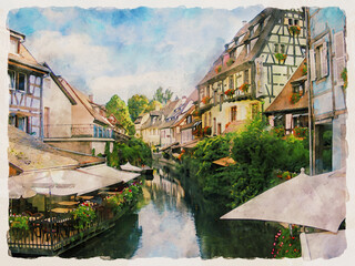 A picturesque street with medieval houses and greenery over a water canal in Colmar, Alsace, France. Watercolor painting.