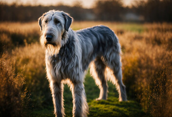 The Irish Wolfhound dog poses with his whole body in nature