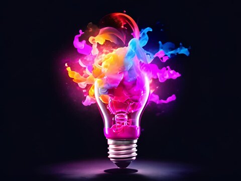 Creative light bulbs explode with colorful paint and splash on a black background. Think differently creative idea concepts