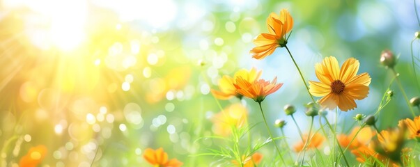 Sun-kissed golden flowers sway gently, basking in the radiant glow of a soft-focus summer backdrop
