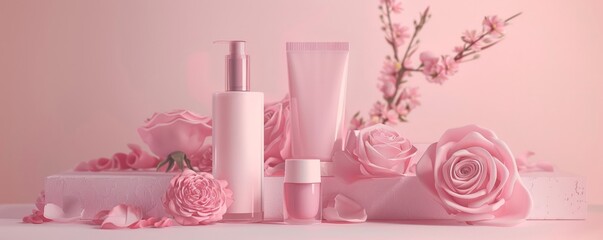 Obraz na płótnie Canvas Roseinfused skincare products natural beauty theme soft pastel backdrop