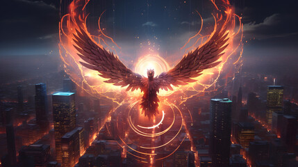 Neo's digital phoenix rising from neon-lit cityscape, with lines of code forming a futuristic halo. Neo blockchain's rebirth
