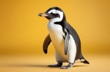 Naklejka premium World Penguin Day, cute baby bird, funny little penguin, yellow background