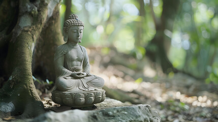 Fototapeta na wymiar Buddha statue meditating near big tree.