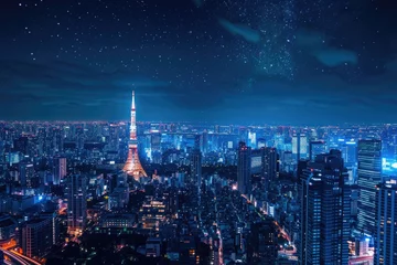 Papier Peint photo Skyline Nighttime Cityscape With Stunning Tall Buildings in Downtown, Glimmering night view of Tokyoâ€™s skyline from above, AI Generated