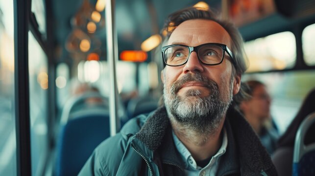Mature man contemplatively looking up while riding a city bus. Thoughtful passenger with glasses in a moment of reflection on public transport.