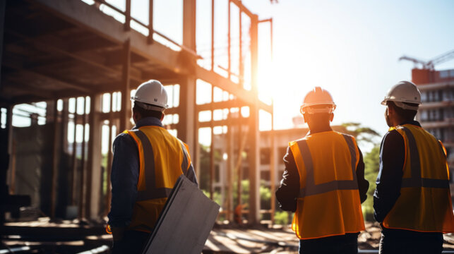 A team of construction engineers talks to managers and construction workers at the construction site.