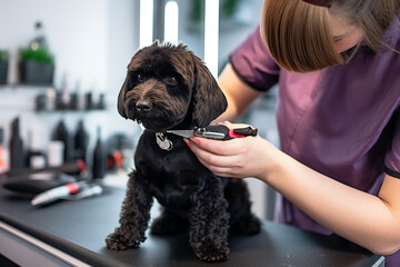 Dog groomer cutting nails on black Labrador retriever dog in grooming salon - obrazy, fototapety, plakaty