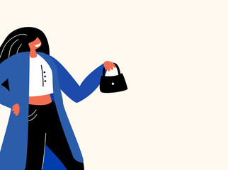 Banner,broadsheet, Leaflet with place for text,white background.Beautiful Attractive Smiling Woman with stylish bag and blue look.The Femininity Concept.Minimalist Style.Vector flat Illustration