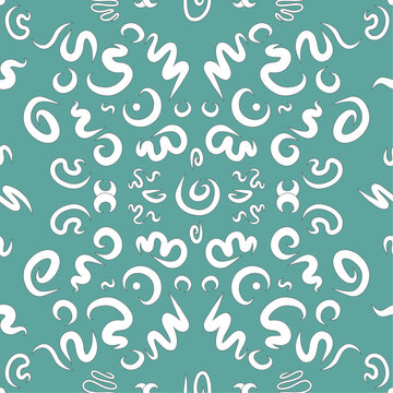 Curved doodle lines in vector seamless pattern that resembles carpet design. Elegant ornament with white calligraphy lines on teal backdrop. Creative art texture for printing on different surfaces.