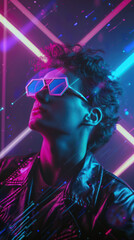Man with neon light reflections on glasses