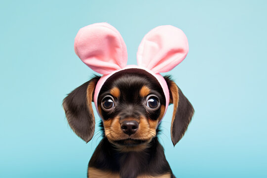 Dog puppy wearing Easter bunny ears in fornt of blue studio background