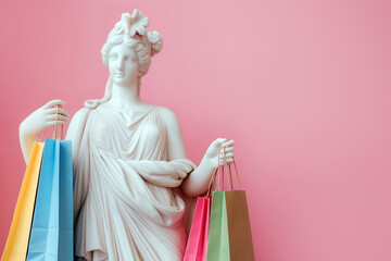 Ancient Greek goddess sculpture carrying shopping bags. Sale and discounts concept. Black Friday Sale, promotion, marketing, advertisement. Overconsumption, fast fashion, consumer culture, shopaholic - obrazy, fototapety, plakaty