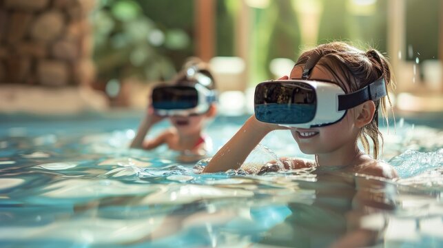 young children playing in a swimming pool with virtual reality glasses denoting the pool at daytime