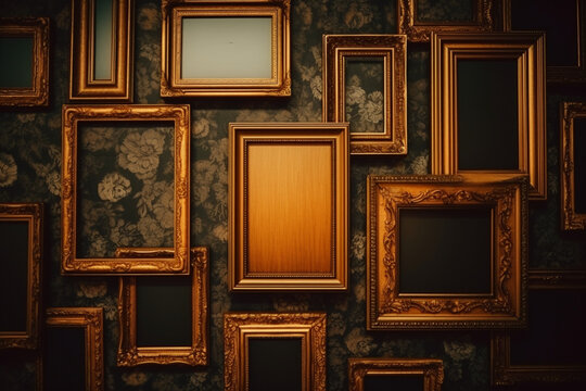 Fototapeta Golden / Chrome / Wooden Frames On the Retro Wallpaper