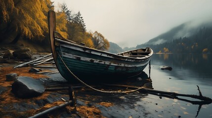 Fantasy landscape with old boat on the lake. Generative AI