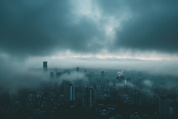 A cityscape covered in fog, obscuring the tall buildings and creating an eerie atmosphere on a gloomy day, Gloomy city skyline under heavy clouds, AI Generated