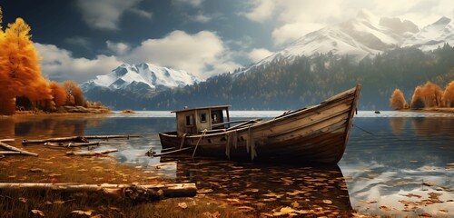 Fantasy landscape with old boat on the lake. Generative AI