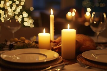 A beautifully arranged dinner table set with lit candles and neatly arranged plates, Glowing candles casting serene light on a Thanksgiving dinner, AI Generated