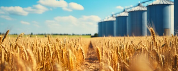Agricultural silos standing tall in a golden wheat field landscape. Concept Agricultural Silos, Wheat Field, Golden Landscape, Farming Industry