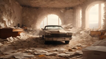 A room filled with lots of papers and old car