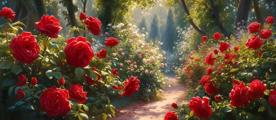 A scenic path lined with red roses winds through a lush forest, creating a beautiful natural landscape with pops of color from the vibrant petals
