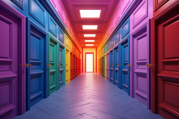 Multi colored opening doors symbolizing choice concept. 3d render