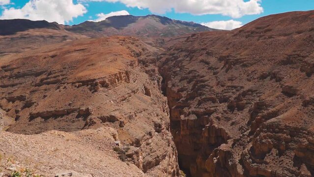 Scenic landscape of Spiti Valley.  Large natural canyon between two mountains as seen on the way to Komic village at Spiti Valley, India. Natural pattern and texture of Himalaya mountains. 