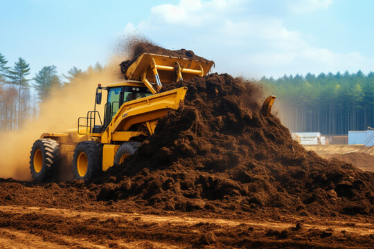 Mushroom compost made of hay is being transferred with a heavy loader machinery 