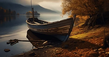 Tuinposter Fantasy landscape with old boat on the lake. Generative AI © ceoJAHID