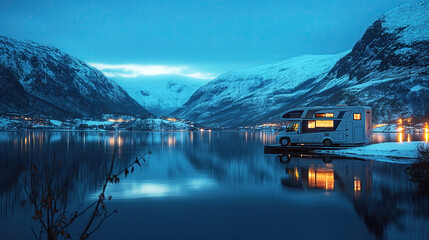 Luxury very rich motorhome on the background of the Norwegian fjords at night. Concept of the Quite Luxury