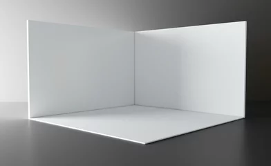 Fotobehang 3D exhibition booth. Showroom. Square corner. Empty geometric square. Blank box template. White blank exhibition stand. Presentation event room.   © adobedesigner